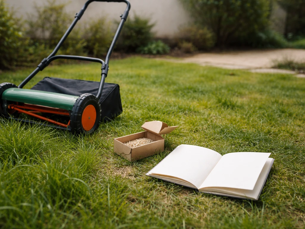 Jardin minimal au printemps avec un petit outil et un carnet ouvert, évocation d’un calendrier d’entretien