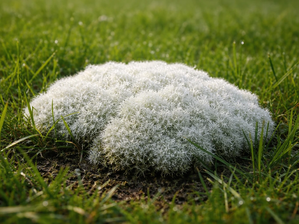 Coussin de mousse blanche sur une pelouse, texture et brins d’herbe visibles, vue rapprochée réaliste.