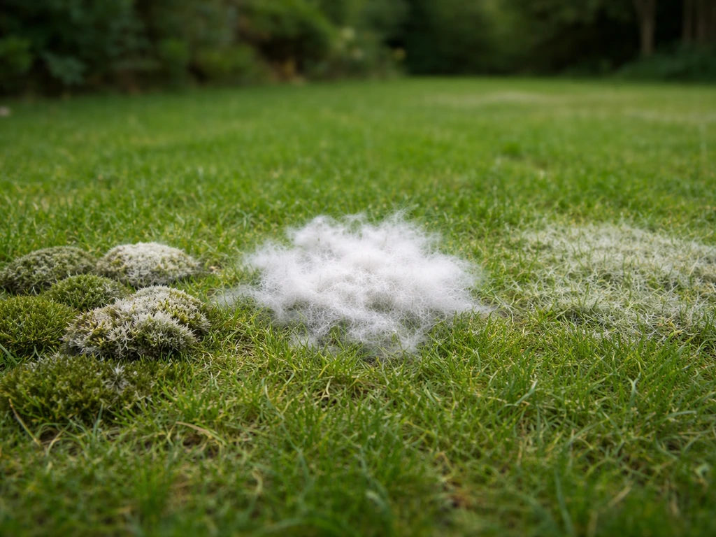 Gazon avec coussinets mousseux blanc cassé et duvet cotonneux blanc, pour comparer deux types d’envahissement.