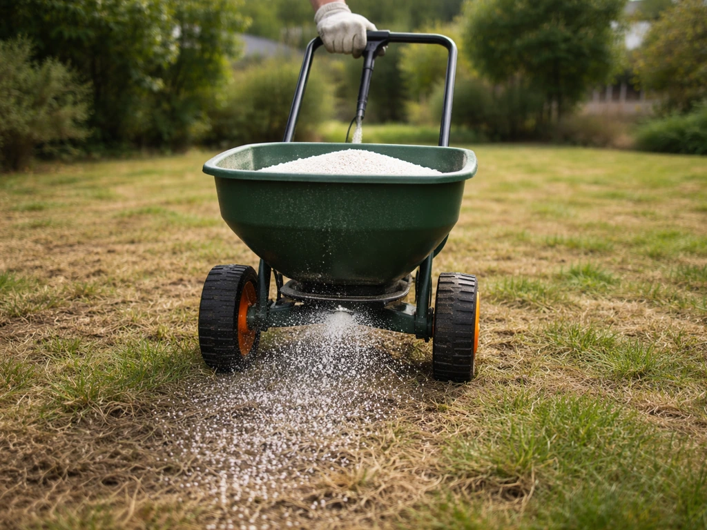 Épandage de chaux agricole au sol après scarification, pour corriger un pH trop acide