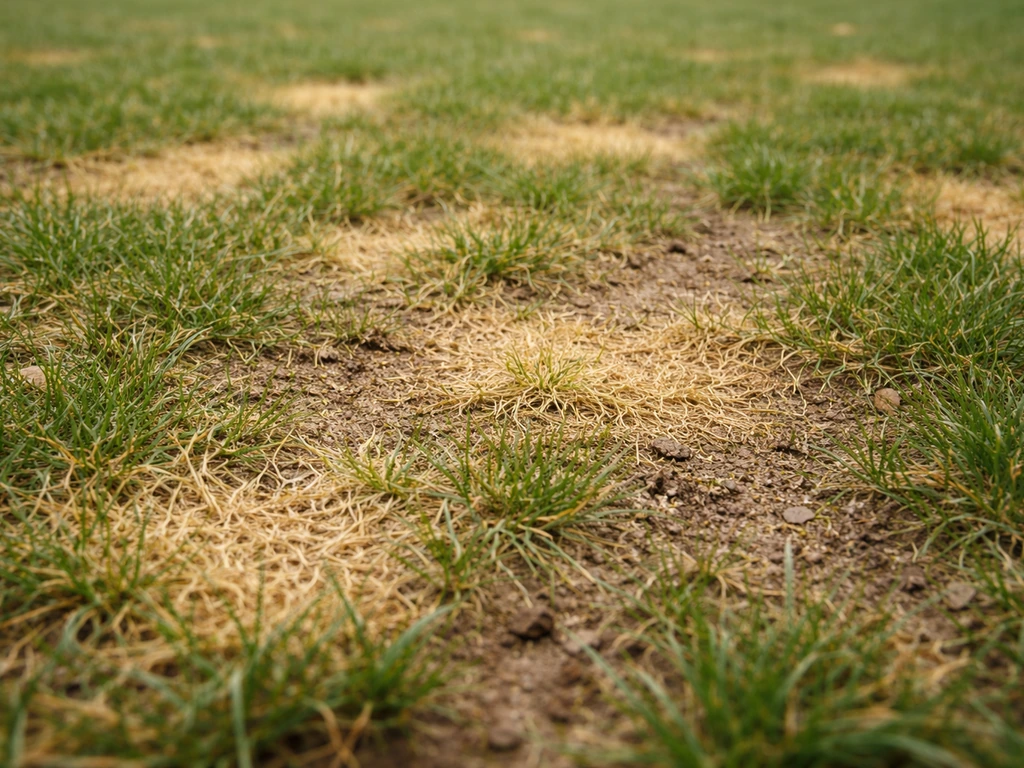 Gazon avec plaques jaunes causées par des insectes, sol visible et pelouse abîmée, effet d’infestation proche.