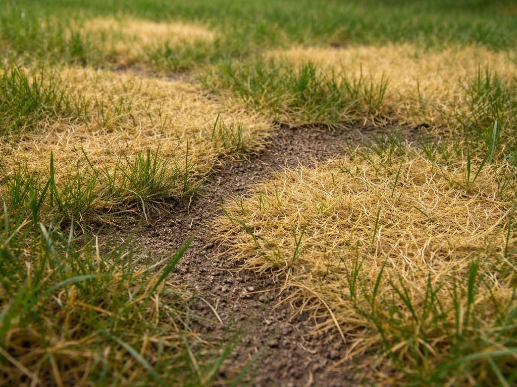 Gazon jaune par plaques aux contours irréguliers, vue rapprochée montrant la progression des zones touchées.