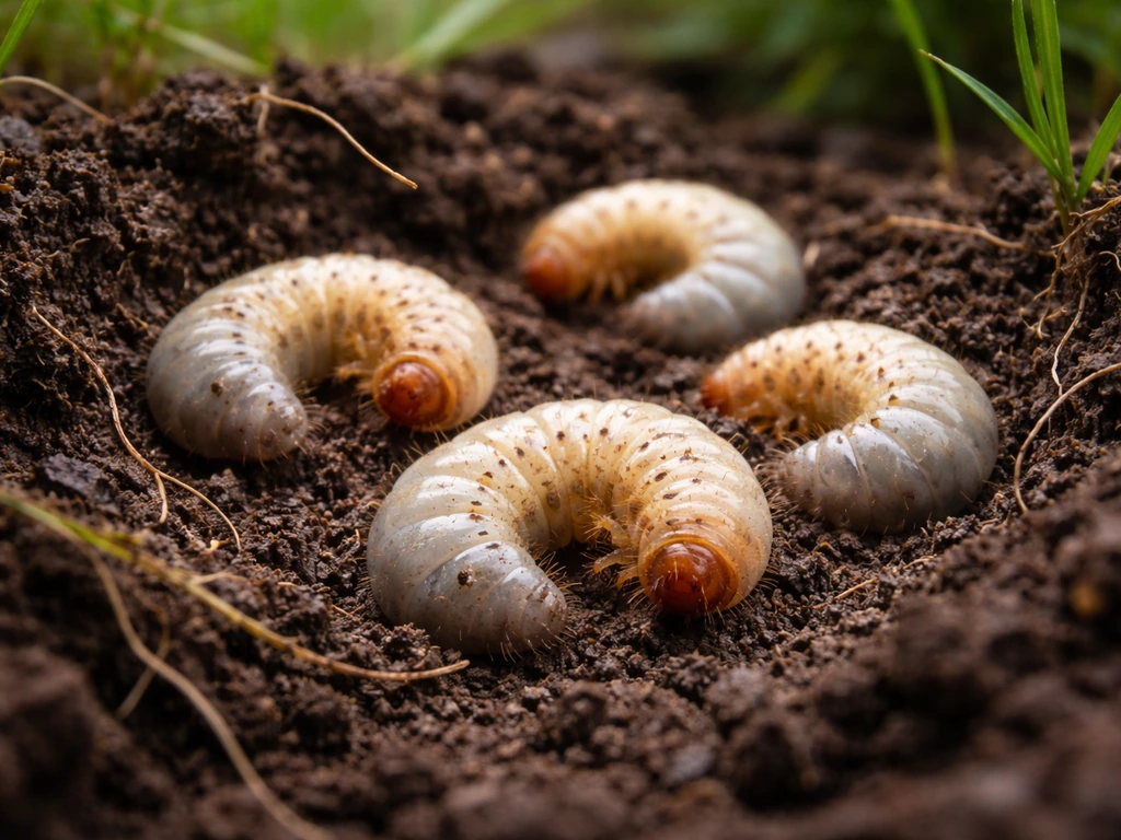 Gros plan réaliste de larves blanches dans la terre humide au début de l’été, avec racines de graminées visibles.