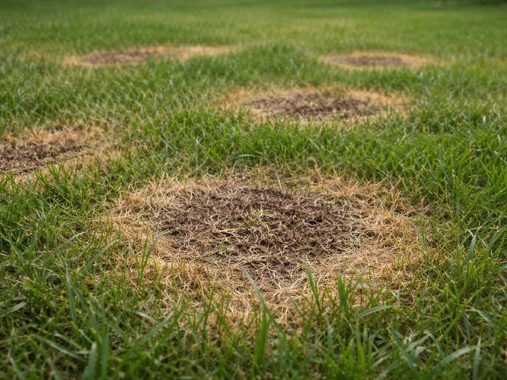 Gazon avec zones circulaires, brins décolorés et zones abîmées, lumière naturelle, prise de vue au ras du sol.