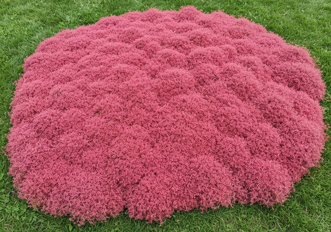 Gros plan sur une pelouse avec des plaques rosées/rougeâtres typiques du fil rouge sur l’herbe.