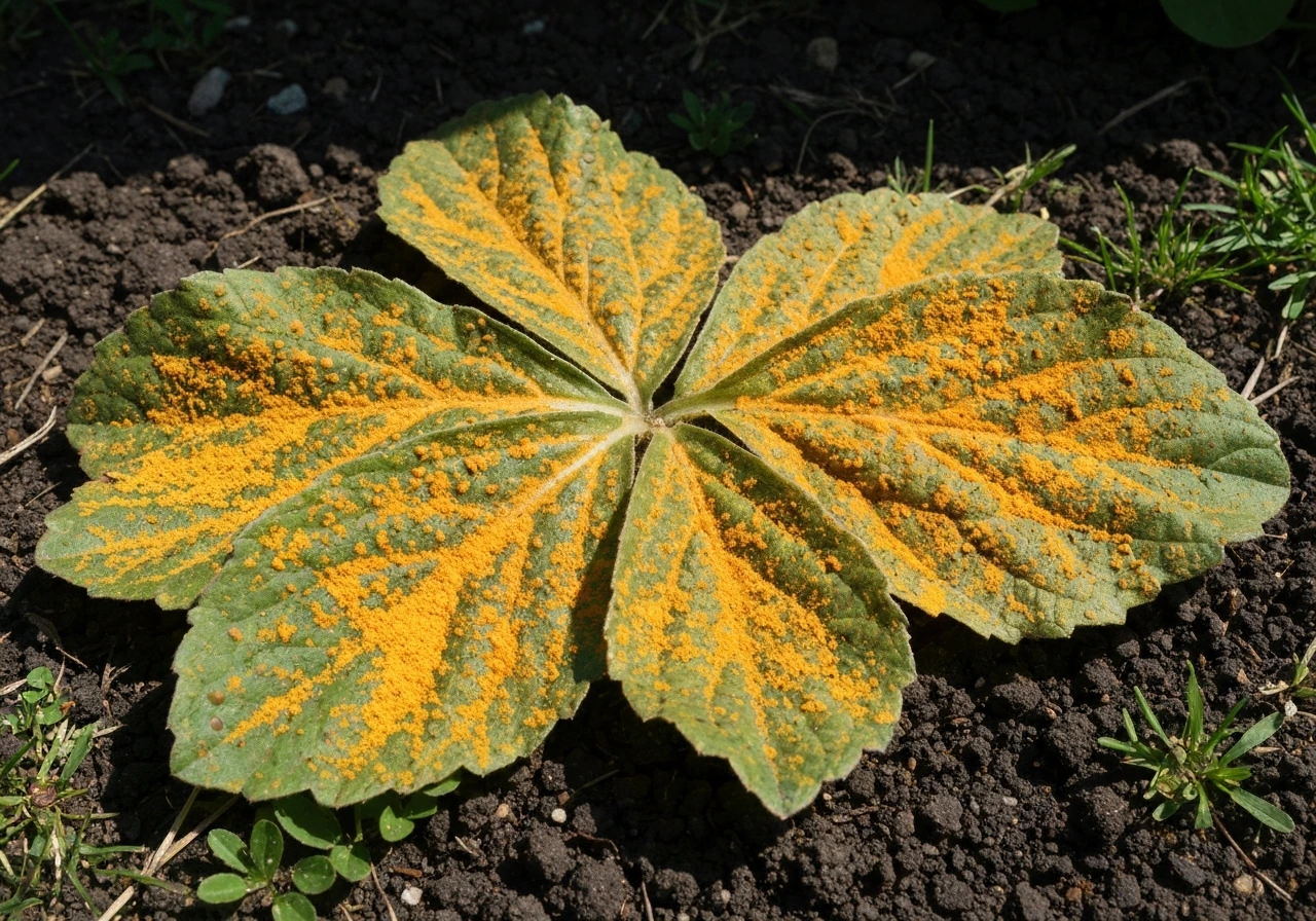Gros plan sur des brins d’herbe atteints de rouille, avec pustules et traces poudreuses orange/jaune.
