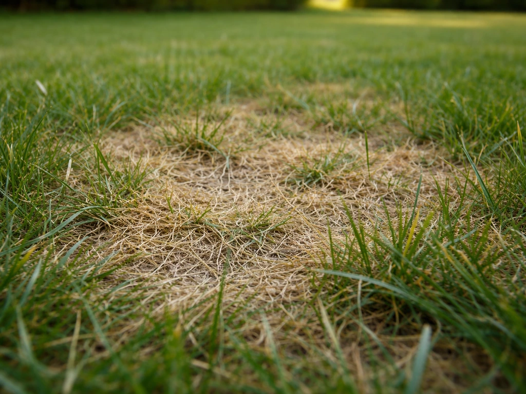 Pelouse avec zones jaunies clairsemées, brins écartés révélant des traces suggérant des punaises de gazon.