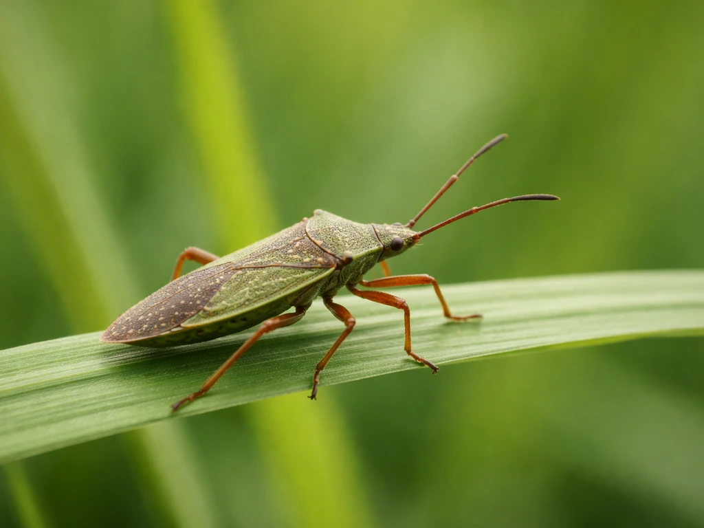 Gros plan sur une punaise de gazon adulte posée sur un brin d’herbe, corps allongé bien visible.