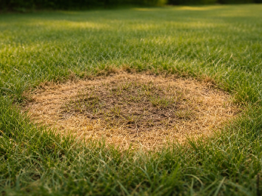 Vue au sol d’une plaque d’herbe abîmée avec bordure et anneau jaunissant, signes d’activité visibles.