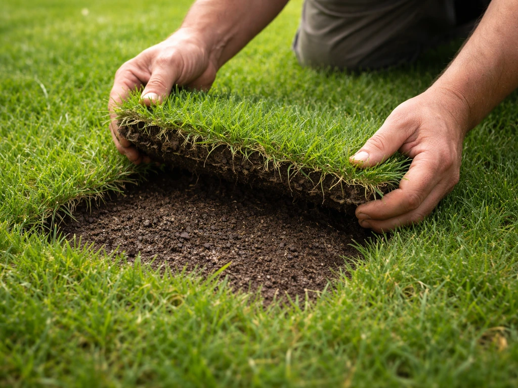 Jardinier soulève légèrement le gazon sur une zone de 30×30 cm et écarte les brins pour vérifier la présence d’insectes.