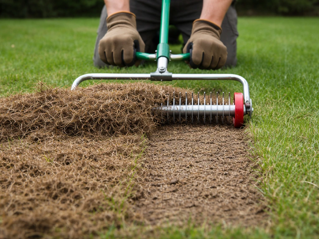 Scarification d’une pelouse : feutre brun retiré et sol déchaumé visible, jardin simple.