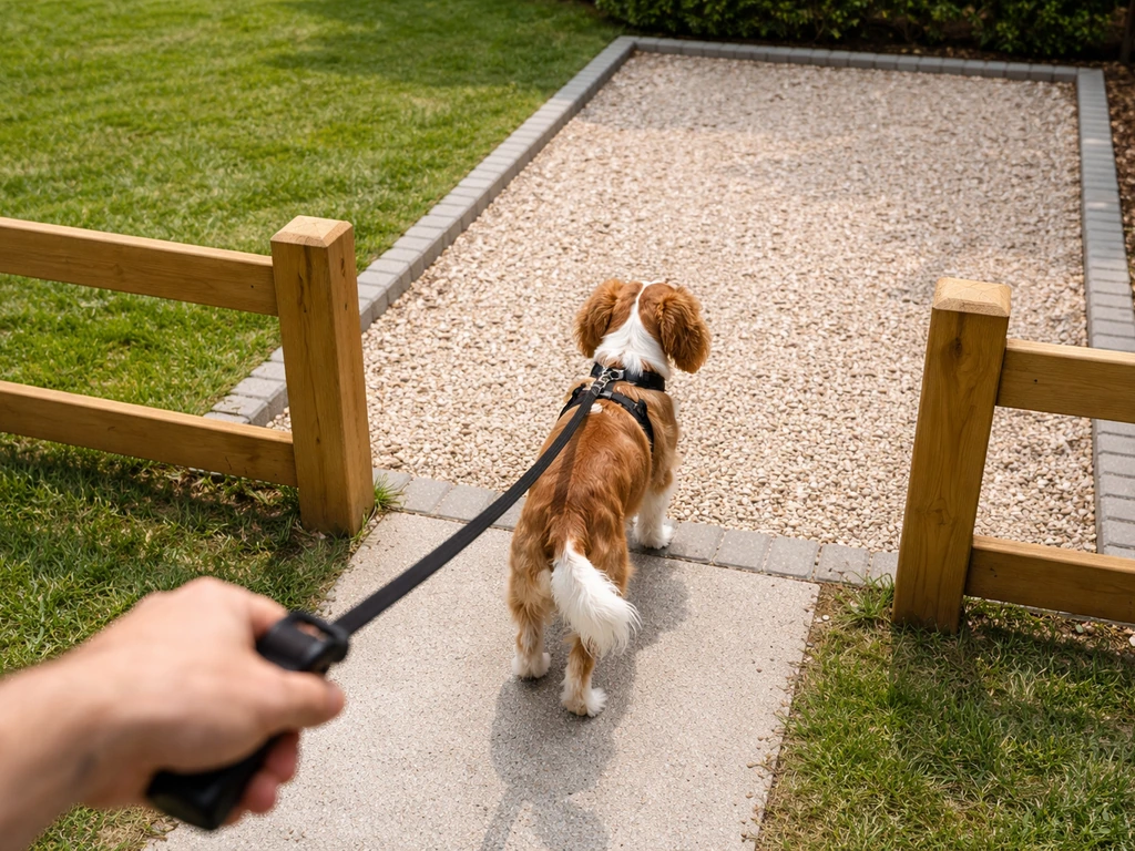 Chien en laisse guidé par une barrière vers une aire dédiée séparée du gazon pour éviter le retour au même endroit.