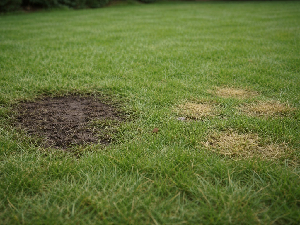 Pelouse verte avec deux zones de déjections distinctes : taches larges et profondes près d’un point, petites taches disp