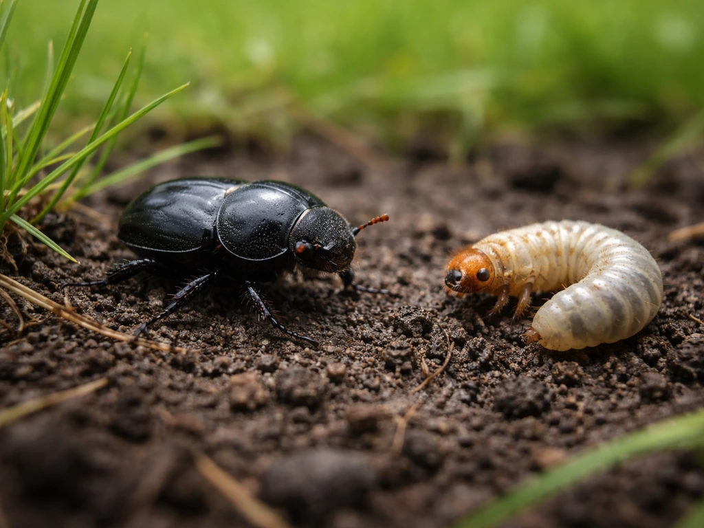 Scarabée noir du gazon et larve visibles près de brins d’herbe, sur un sol de gazon humide.