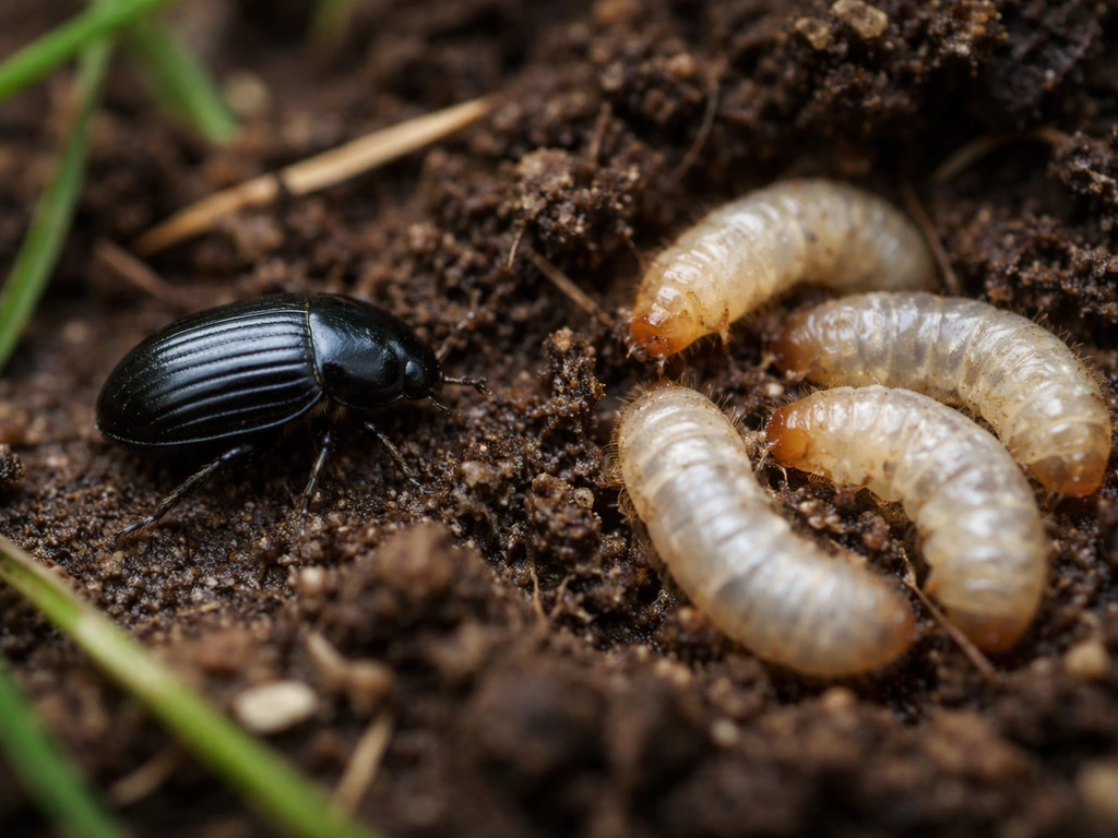 Gros plan réaliste d’un scarabée noir adulte sur sol humide, et de larves blanches dans la litière.