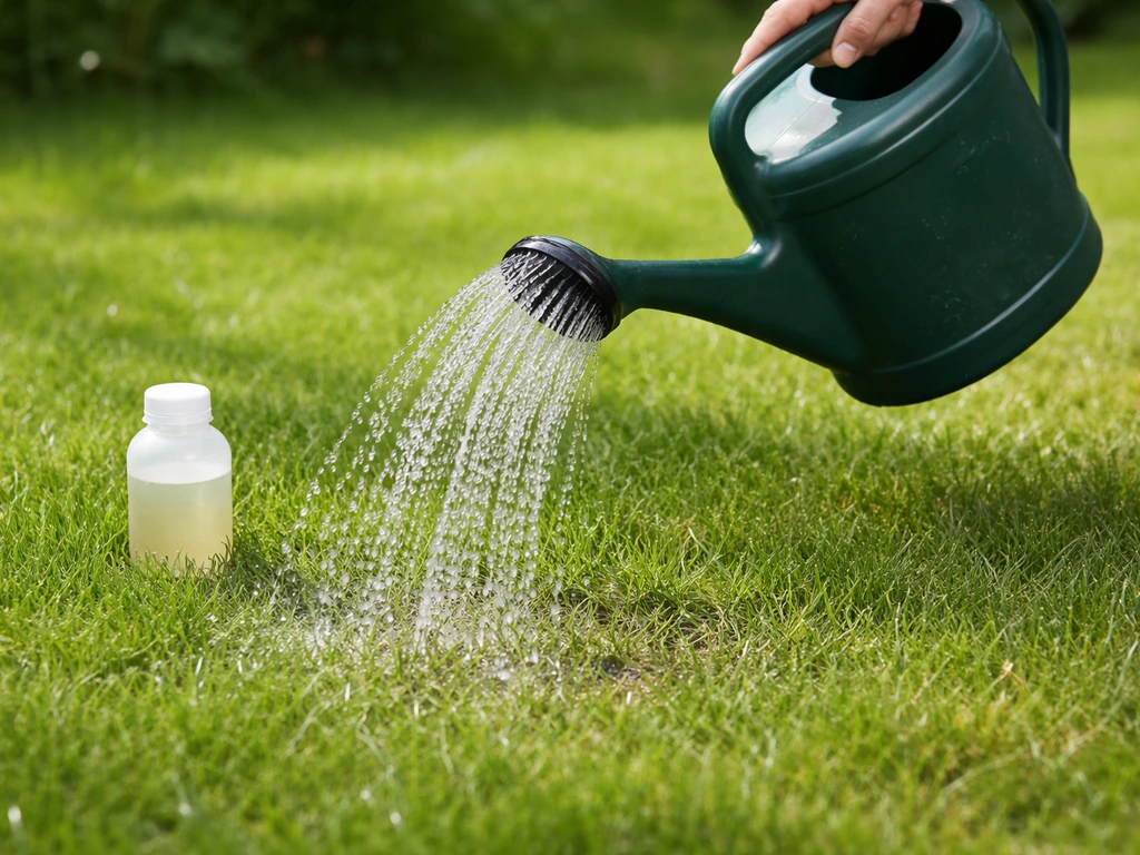 Arrosoir versant une solution sur une pelouse, avec un flacon de produit biologique à côté, application par nématodes.