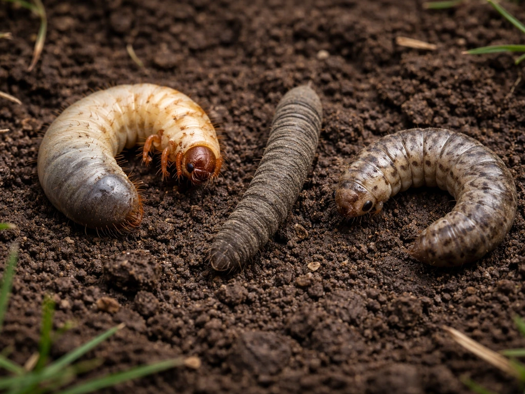 Gros plan réaliste de trois larves typiques de pelouse française sur sol humide, éclairage naturel.