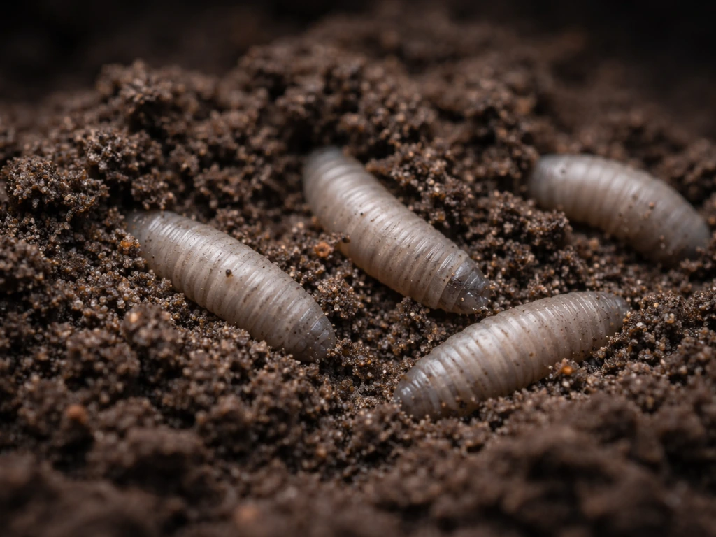Larves de tipules grises et cylindriques visibles dans une coupe de terre, lumière naturelle