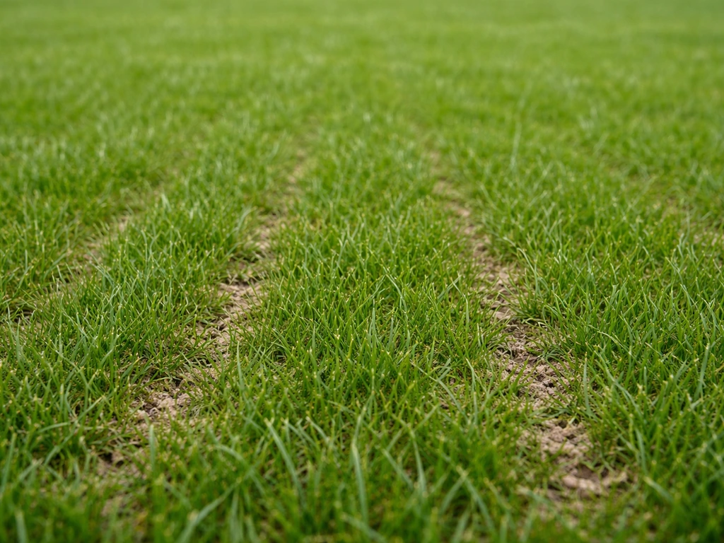 Pelouse dense et homogène, sol aéré après scarification, vue rapprochée et lumineuse.