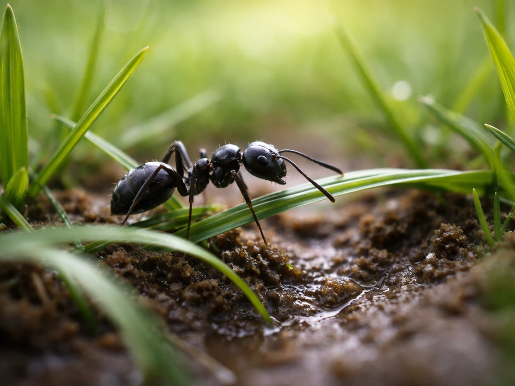Gros plan d’une fourmi sur des brins d’herbe, explorant le sol humide au ras de la terre