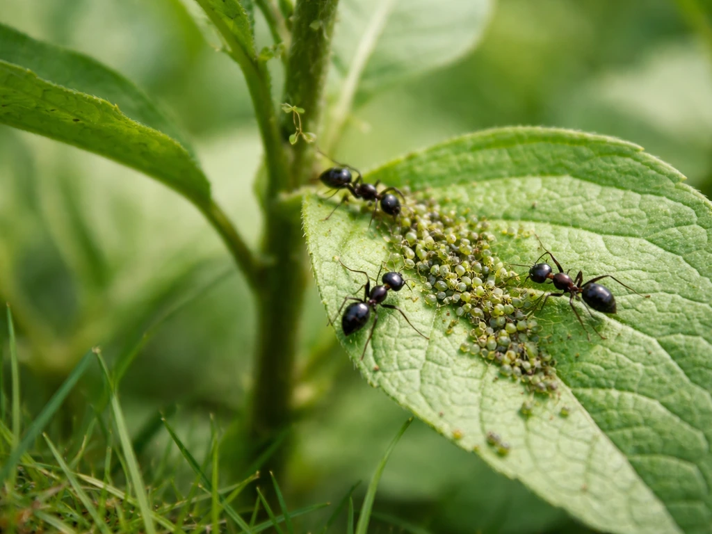 Gros plan sur une feuille de plante de jardin avec des pucerons et quelques fourmis, près d’une pelouse