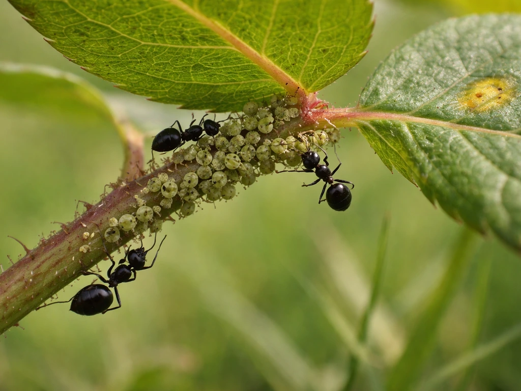 Gros plan de pucerons et de fourmis sur une tige de rosier, avec petites plaques jaunes localisées sur une feuille
