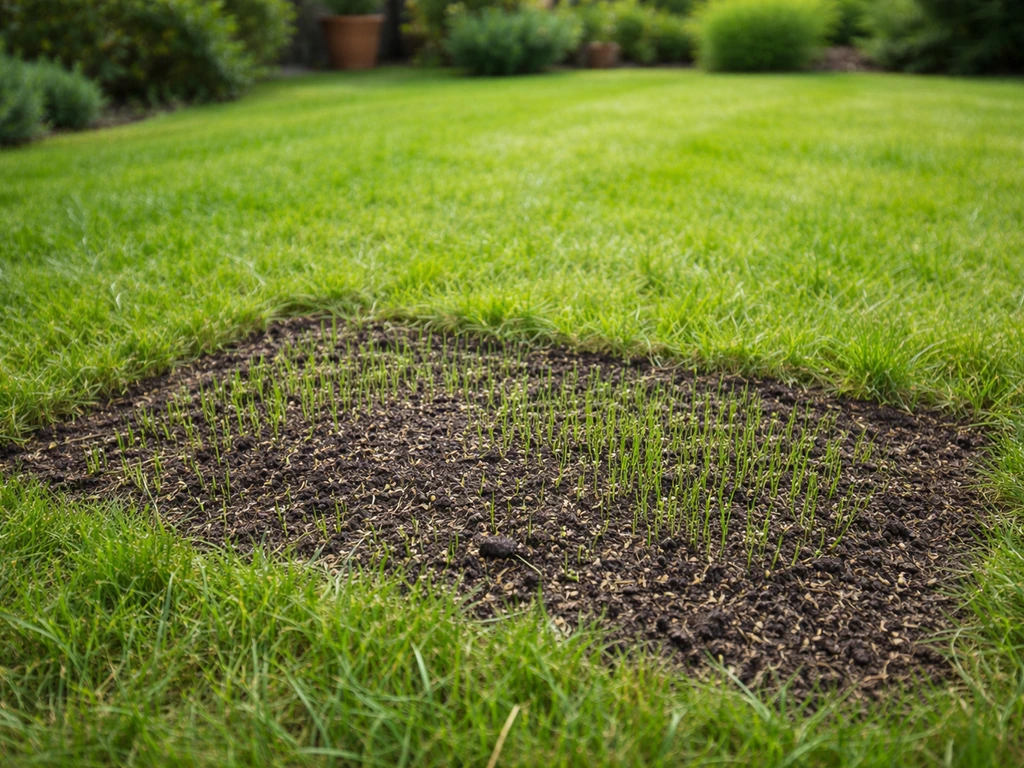 Pelouse regarnie : zones clairsemées resemées, jeunes brins d’herbe verdoyants et densité accrue.