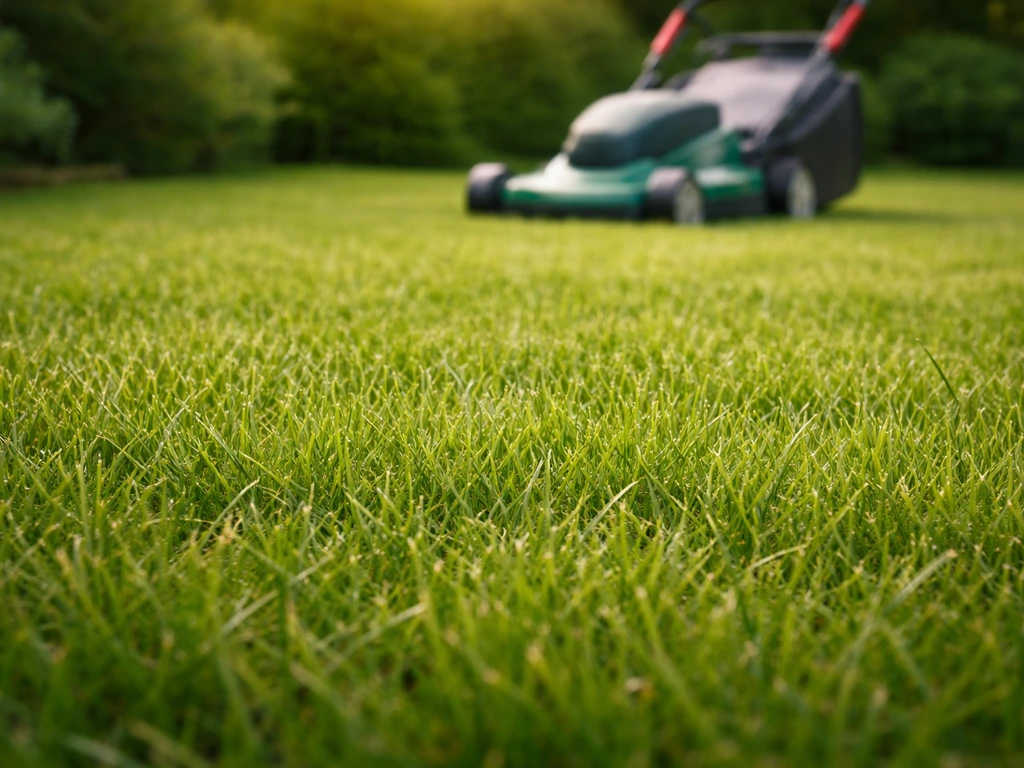 Pelouse tondue à 4–5 cm, herbe visible, tondeuse réglée, effet tonte sans scalper.