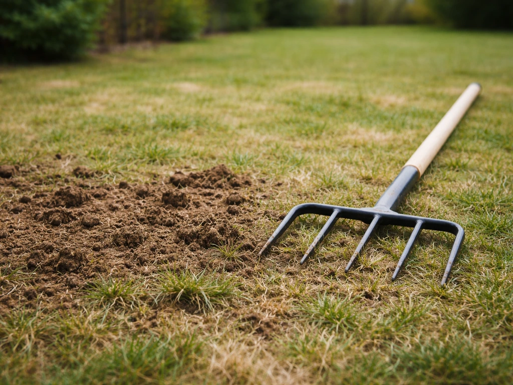 Aérateur à fourches sur une pelouse rouillée, sol décompacté visible pour la récupération du gazon.