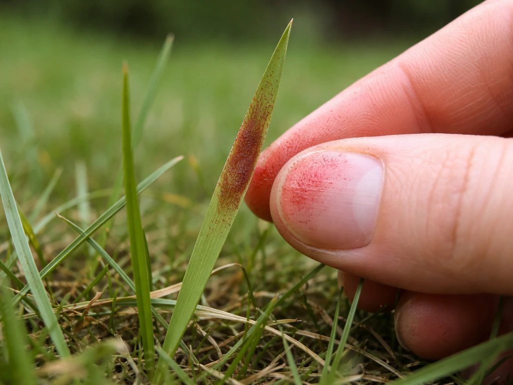 Gros plan d’un brin d’herbe rougeâtre frotté du doigt, pour voir si la couleur se transfère.