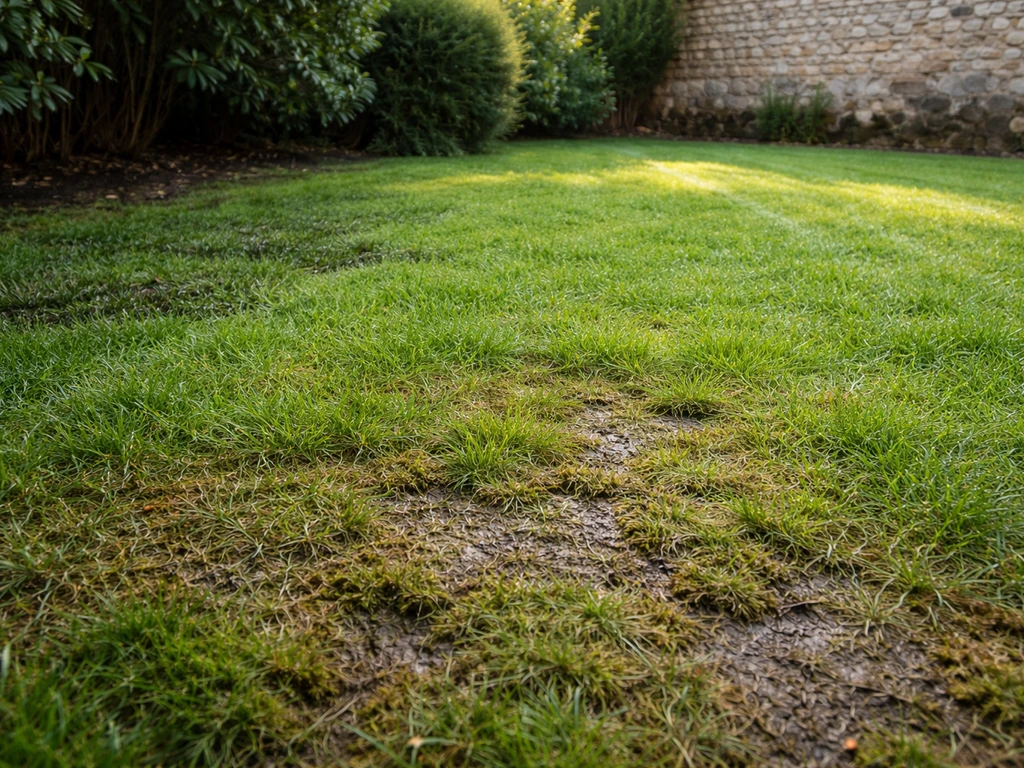 Pelouse verdoyante avec zones d’ombre, bordure près d’un mur et zones plus humides visibles après pluie