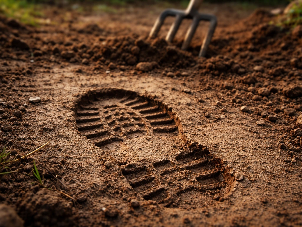 Empreinte de talon très marquée dans un sol humide, fourche-bêche floue en arrière-plan.