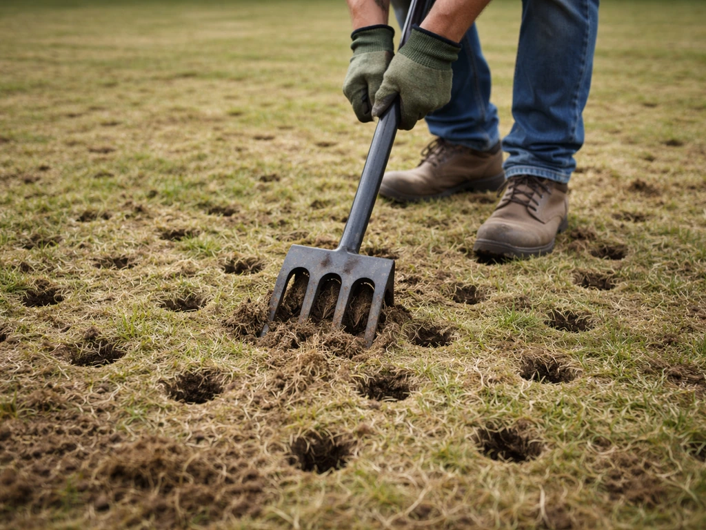Fourche creuse enfoncée dans la pelouse, créant des trous réguliers après scarification.