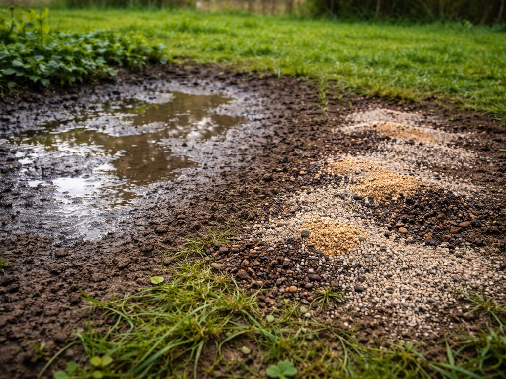 Zone de terre humide où l’eau stagne après la pluie, avec sable et matière étalés pour améliorer le drainage.