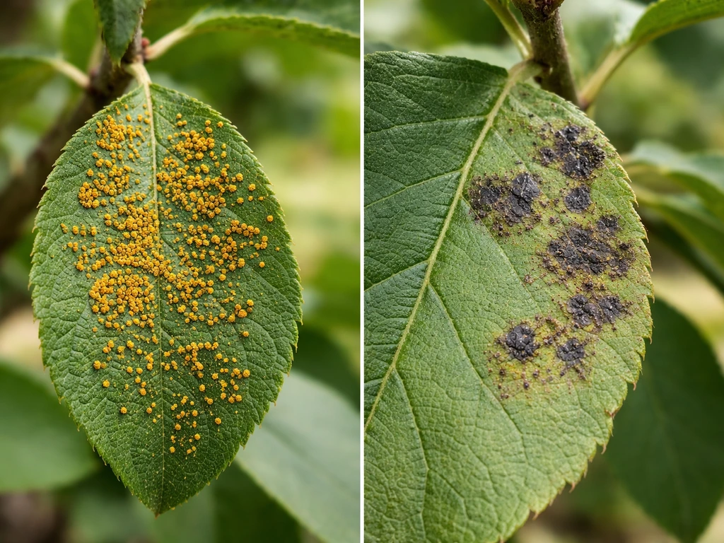 Gros plan sur une feuille avec rouille orange poudreuse à côté d’une autre atteinte sans rouille.