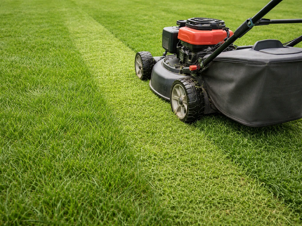 Tondeuse en action sur une herbe sèche, coupe nette montrant une hauteur adaptée.