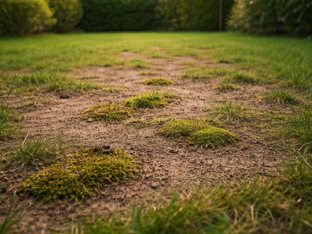 Pelouse clairsemée avec sol nu et mousse, texture de l’herbe visible au ras du sol.