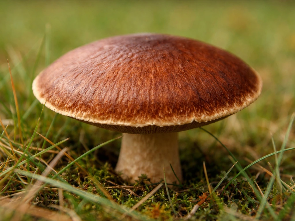 Gros plan d’un champignon brun dans l’herbe, montrant la texture du chapeau.