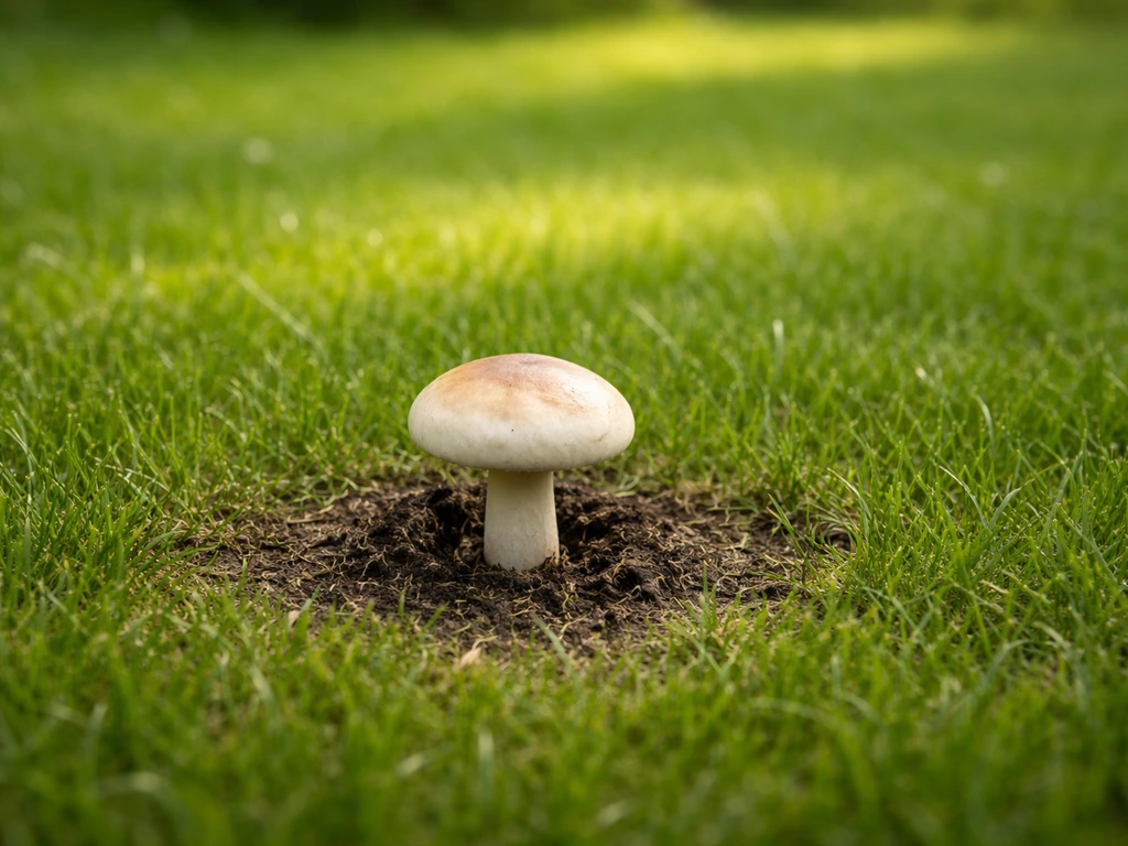 Champignon isolé dans la pelouse, avec la zone de pousse clairement visible sur un fond de gazon.