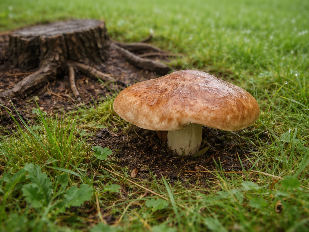 Gros champignon brun près d’une petite souche et de racines affleurantes dans un gazon humide