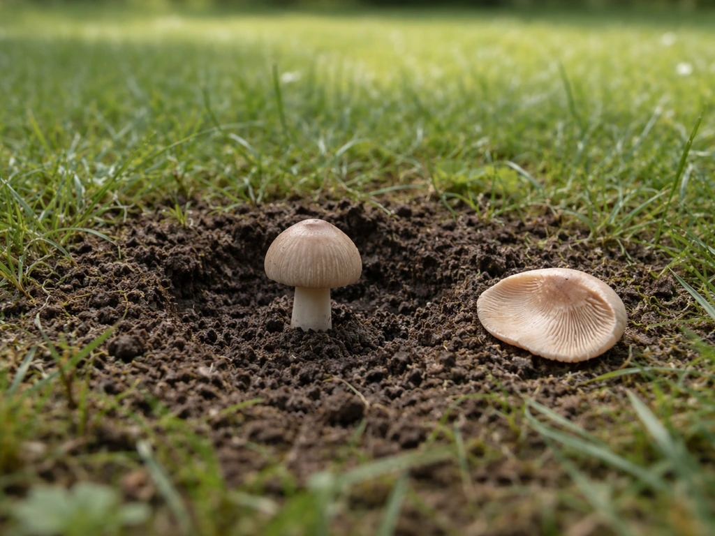 Petit champignon au centre d’un gazon nettoyé, sol légèrement gratté et chapeau ramassé à côté.