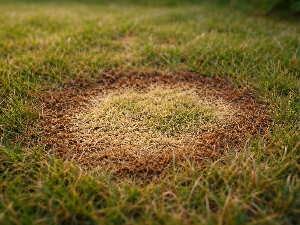 Gazon avec une tache circulaire jaune puis brunâtre, brûlure due à l’urine vue de près.