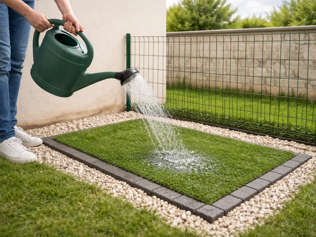 Mains arrosant une petite zone dédiée dans le jardin pour diluer et éviter les traces jaunes.