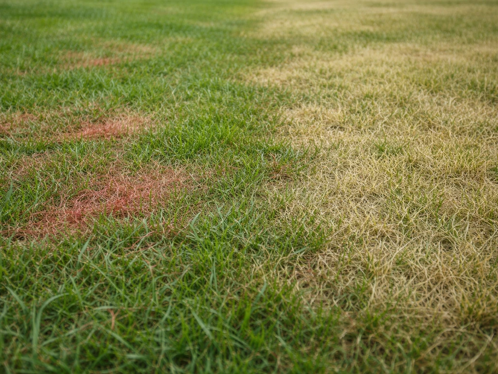 Gazon vu de près avec deux zones distinctes : fil rouge irrégulier et jaunissement ailleurs, éclairage naturel.