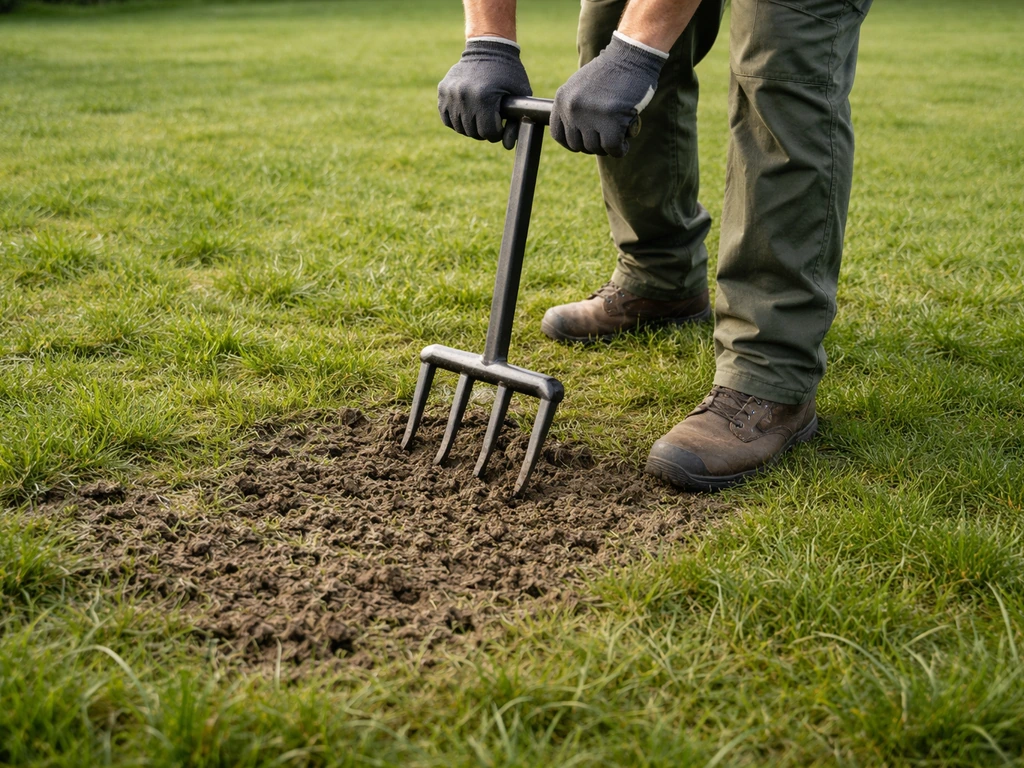 Un jardinier aère une pelouse avec un aérateur à fourches, laissant le gazon ouvert et mieux aéré.