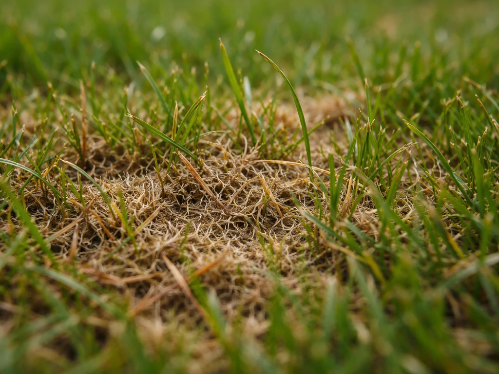 Gros plan d’herbe montrant de petites taches brunes et une texture feutrée au niveau des brins atteints.