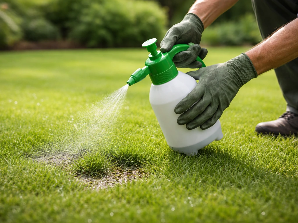 Pulvérisateur arrosant une pelouse humide, application ciblée sur une zone d’herbe sombre.
