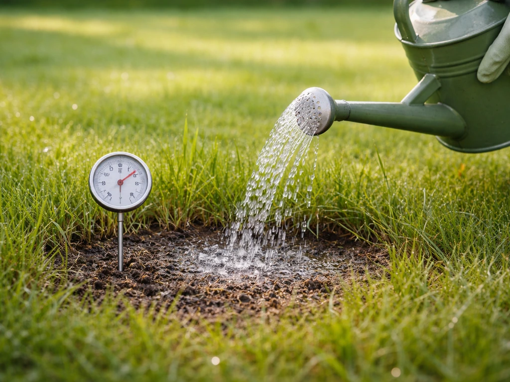 Une main gantée prépare une application sur pelouse, avec un thermomètre de sol au pied de l’herbe.