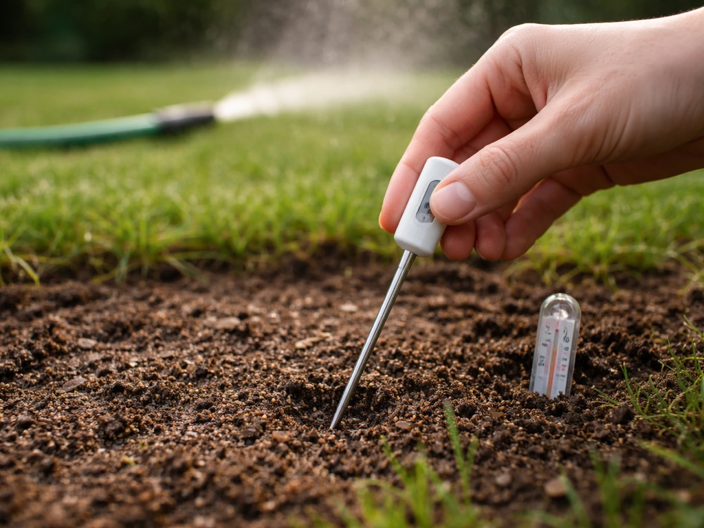 Sonde thermique et thermomètre dans le sol près d’une pelouse arrosée, montrant le lien météo-température