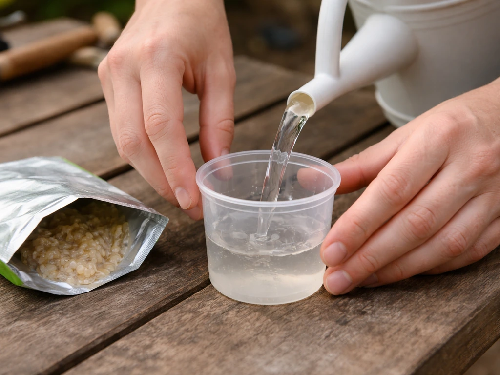 Mains anonymes versant de l’eau dans un récipient doseur pour diluer des nématodes en poudre/gel.